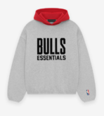 A gray hoodies featuring the text "Bulls Essentials" in bold letters across the front.