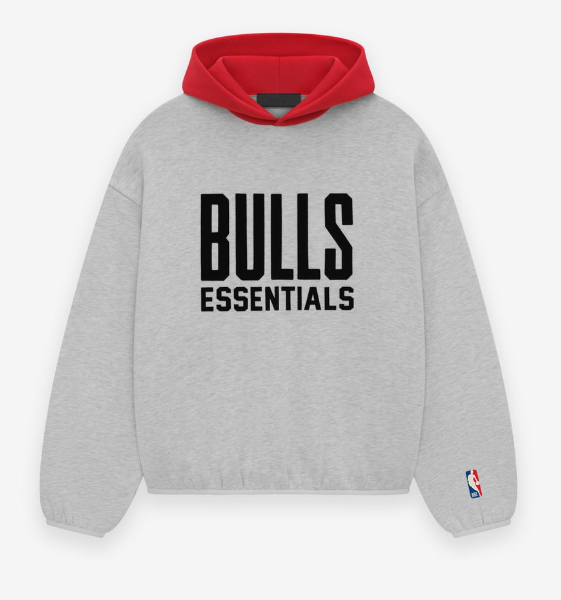 A gray hoodies featuring the text "Bulls Essentials" in bold letters across the front.