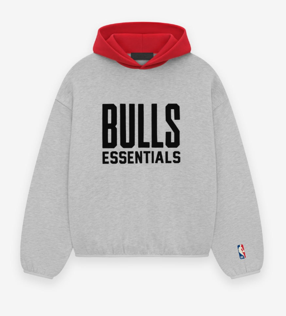 A gray hoodies featuring the text "Bulls Essentials" in bold letters across the front.