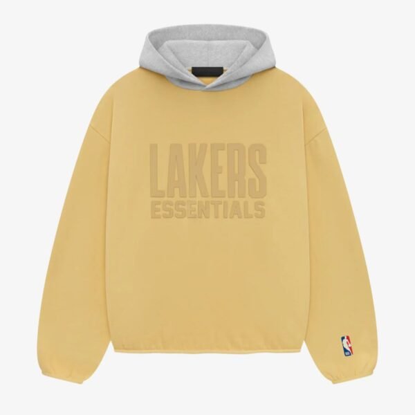 Yellow Los Angeles Lakers essentials hoodie displayed on a hanger against a neutral background
