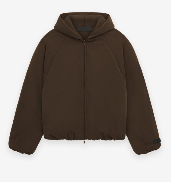 A brown essentiasl hooded jacket displayed on a hanger against a neutral background.
