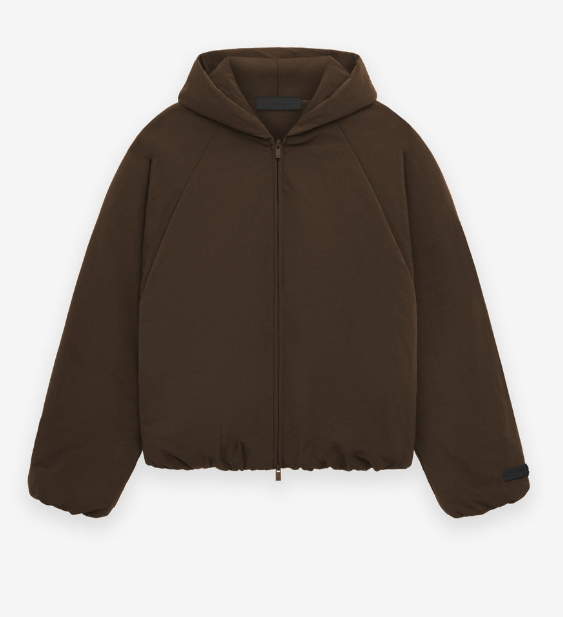 A brown essentiasl hooded jacket displayed on a hanger against a neutral background.