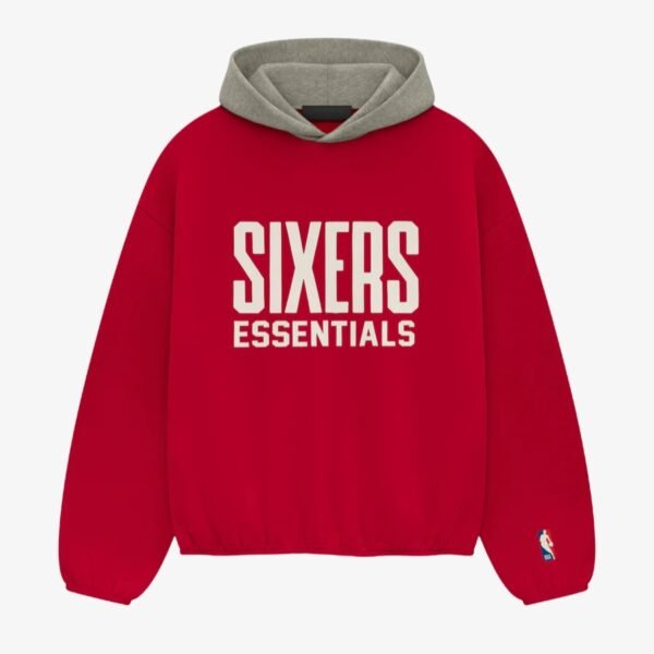A red sweatshirt featuring the text "Sixers Essentials" prominently displayed on the front.