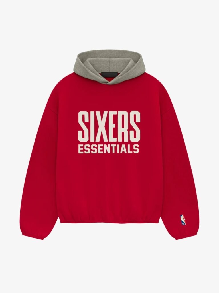 A red sweatshirt featuring the text "Sixers Essentials" prominently displayed on the front.