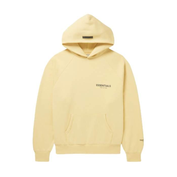 A yellow fear of god hoodie featuring text printed on the front, showcasing a casual and vibrant style.