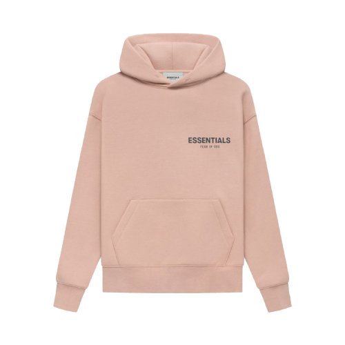 Pink sweatshirt featuring the word "Essentials" prominently displayed on the front.