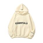 A cozy essentials hoodie in a neutral color, featuring a front pocket and drawstring hood, perfect for casual wear.