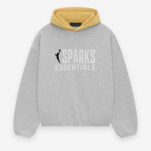 A grey sweatshirt featuring the text "Sparks Essentials" prominently displayed on the front.