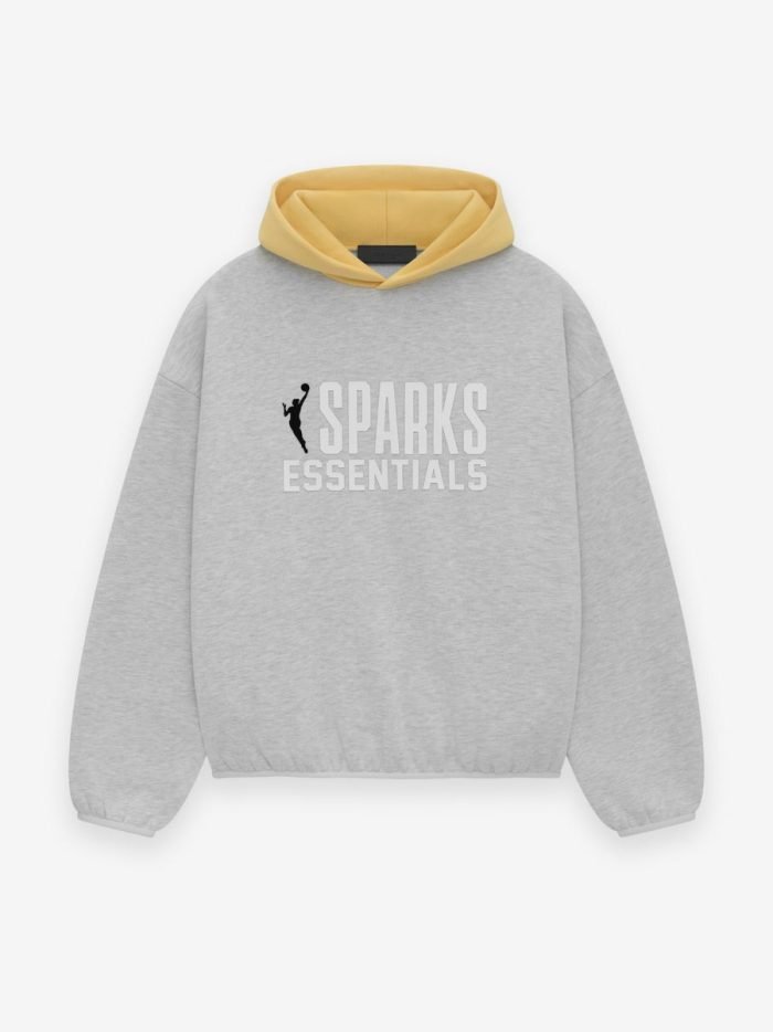 A grey sweatshirt featuring the text "Sparks Essentials" prominently displayed on the front.