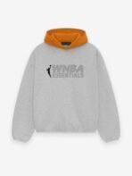 A grey sweatshirt featuring bold orange lettering across the front.