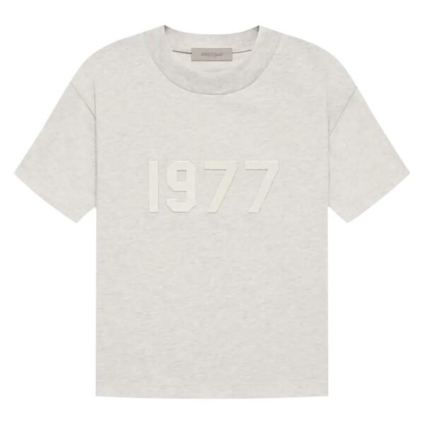 Essentials 1977 Tee Gray oversized unisex streetwear t-shirt with front 1977 logo in neutral gray cotton