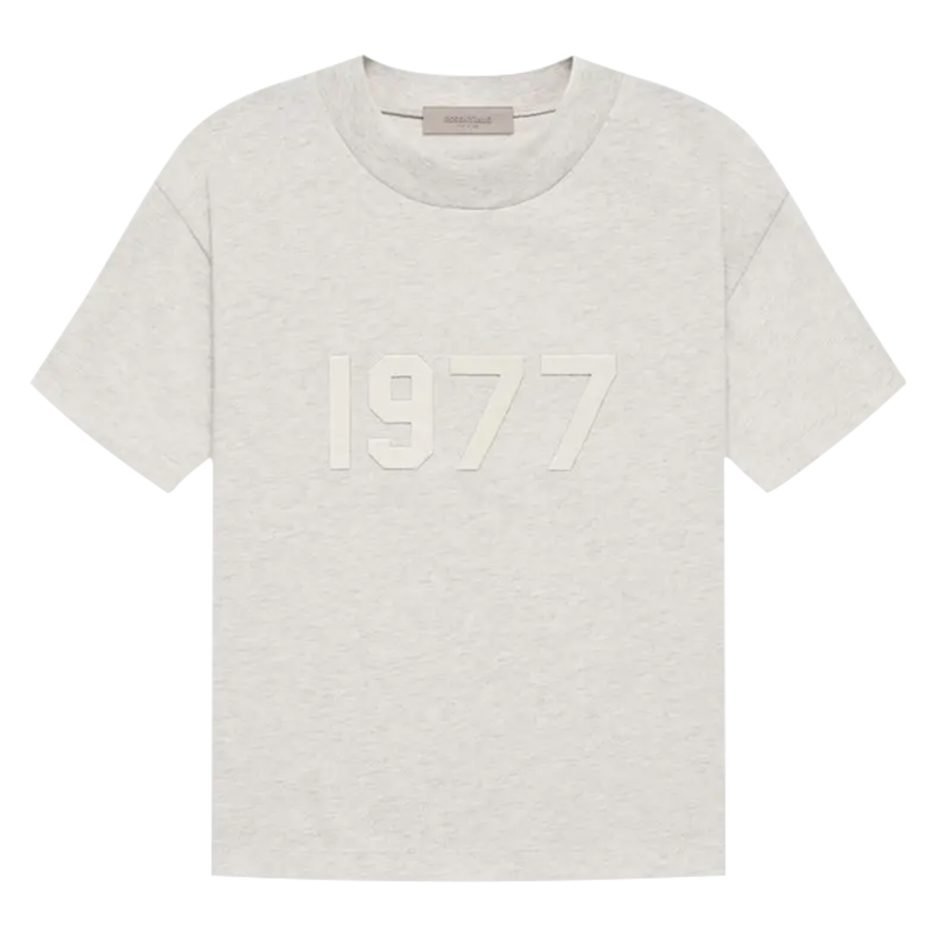 Essentials 1977 Tee Gray oversized unisex streetwear t-shirt with front 1977 logo in neutral gray cotton