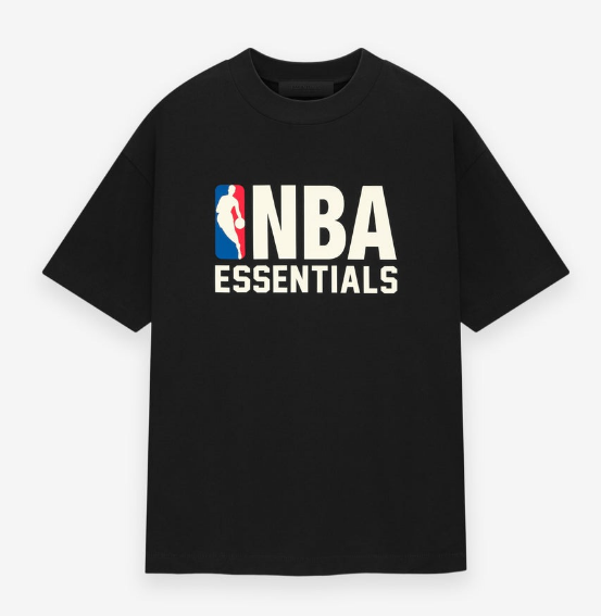 Essentials NBA Black Tee with official logo, oversized streetwear fit in jet black cotton