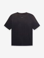 A black t-shirt featuring a prominent white logo on the chest.