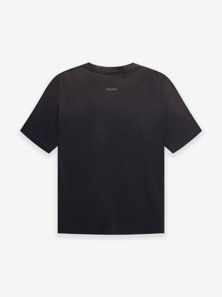 A black t-shirt featuring a prominent white logo on the chest.