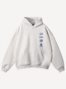 A stylish white hoodie adorned with blue and white logos, ideal for a trendy and comfortable look.