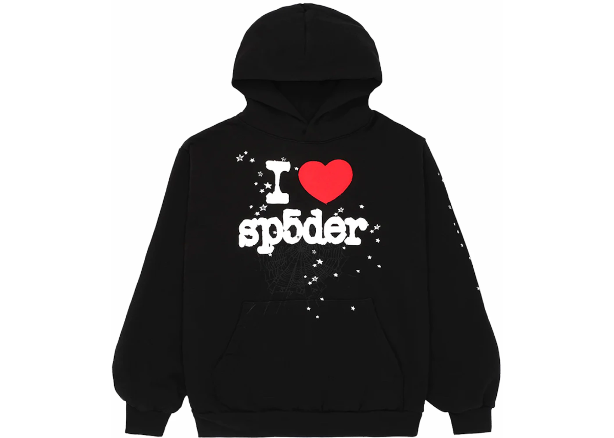 A black hoodie featuring a colorful spider graphic, expressing a playful love for spiders