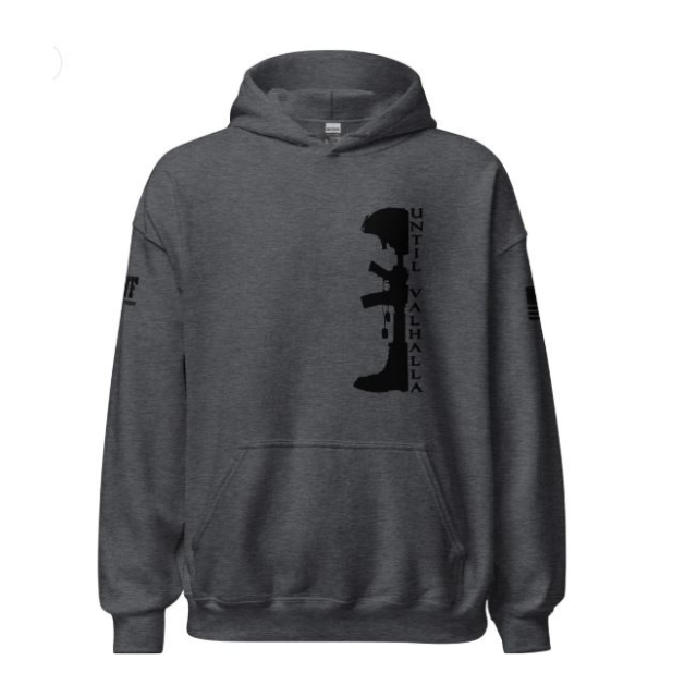 A black hoodie featuring a silhouette of a man holding a gun, labeled "Until Valhalla.